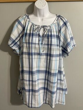 Croft & Barrow Plaid Tie-Neck Peasant Blouse 2X